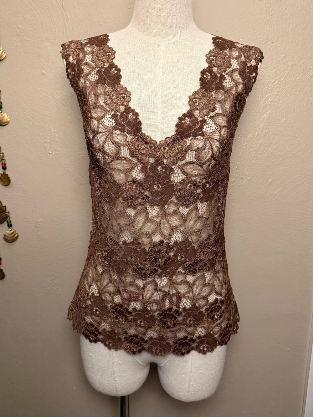 Josie Natori Brown Floral Sheer Lace Deep V-Neck Sleeveless Camisole Size Large